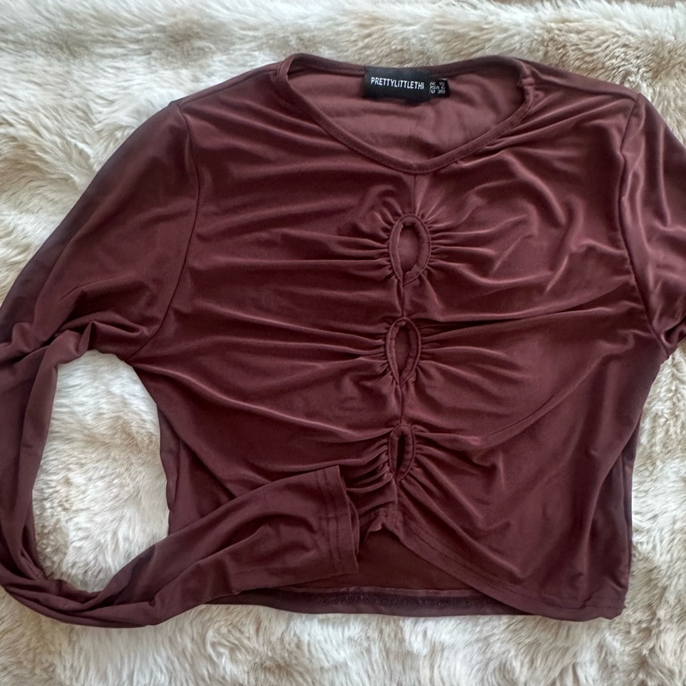 PrettyLittleThing Brown Ruched Long Sleeve Top